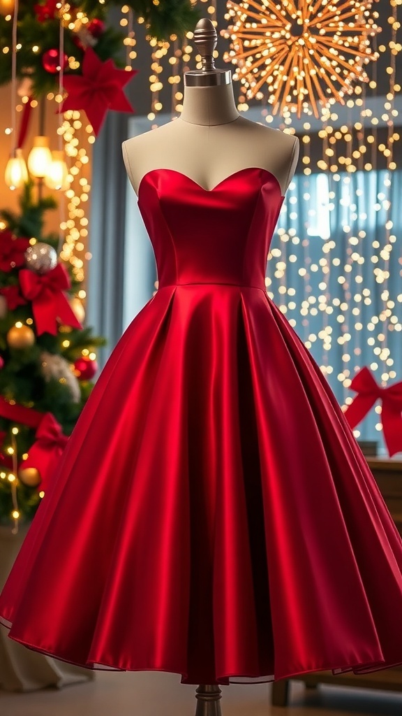 Elegant Christmas dress from House of CB in red, displayed with holiday decorations.